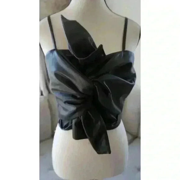 NWT The Drop Women's Black Faux Leather Bow Front Top by Signed Blake, Size S - Picture 10 of 16